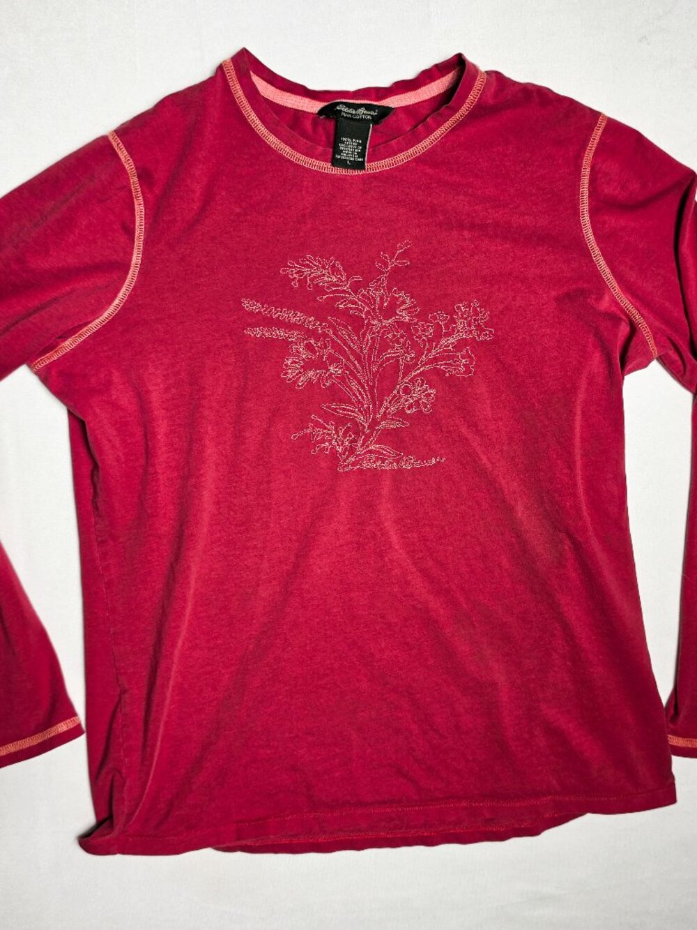 Large Eddie Bauer Vintage burnt orange red ribbed graphic long sleeve t size lar